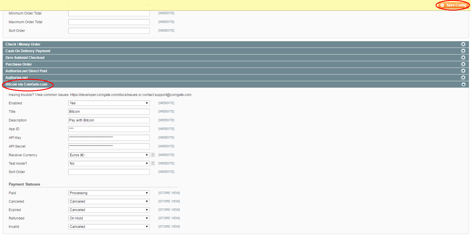 Configure Magento Bitcoin extension settings - CoinGate