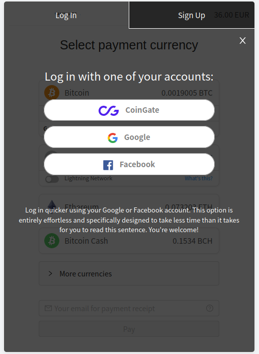purchaser log in option for facebook and google