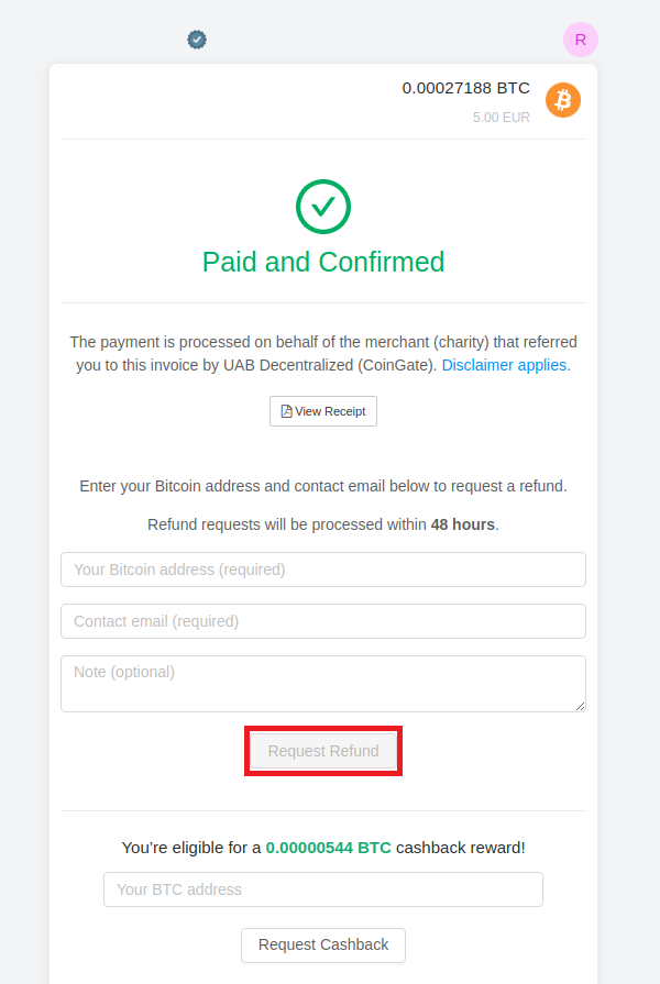 crypto refund request form coingate